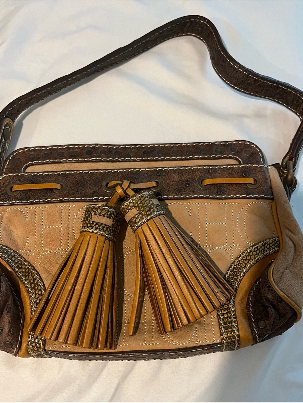 Carolina Herrera Two-Tone Tan and Brown Tassel ostrich/alligator Shoulder Bag